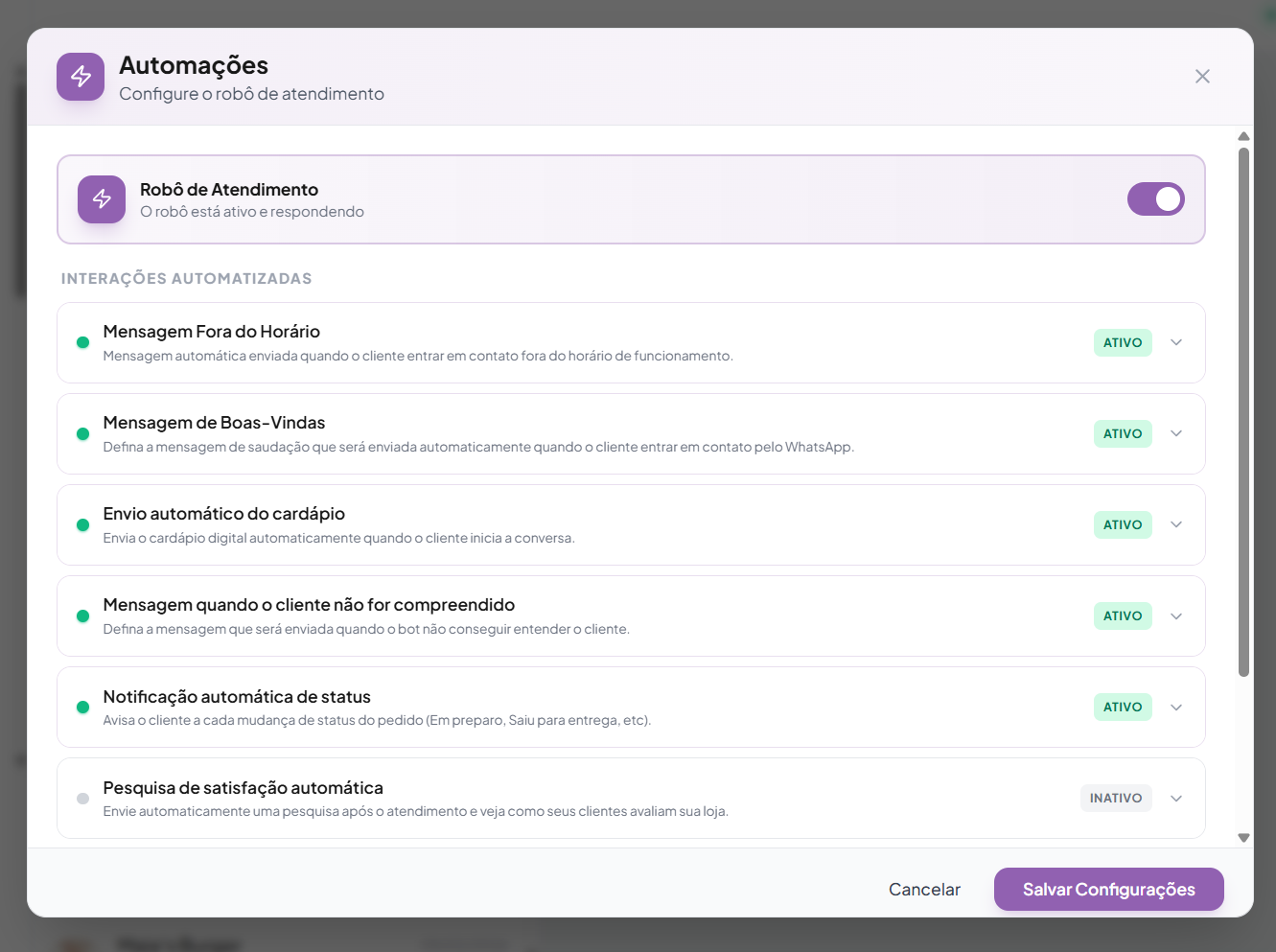Tela de automações da SóPede com o robô de atendimento ativo