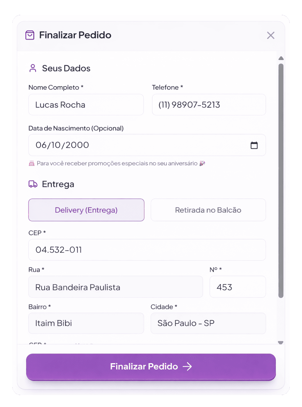 Tela de finalizar pedido na loja da SóPede com dados e entrega